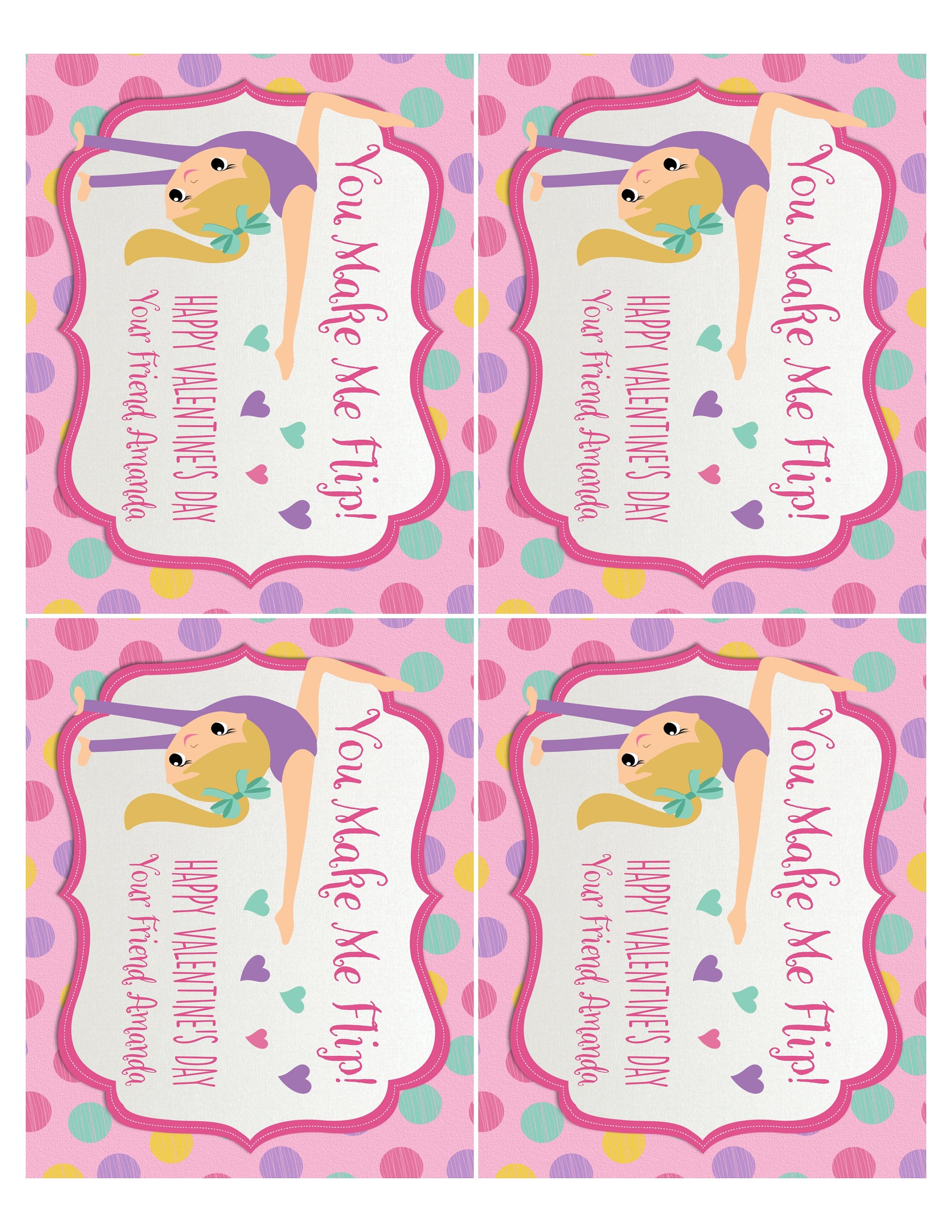 Gymnastics Gymnast Tumbling Valentine's Day Card Digital Download for Girls