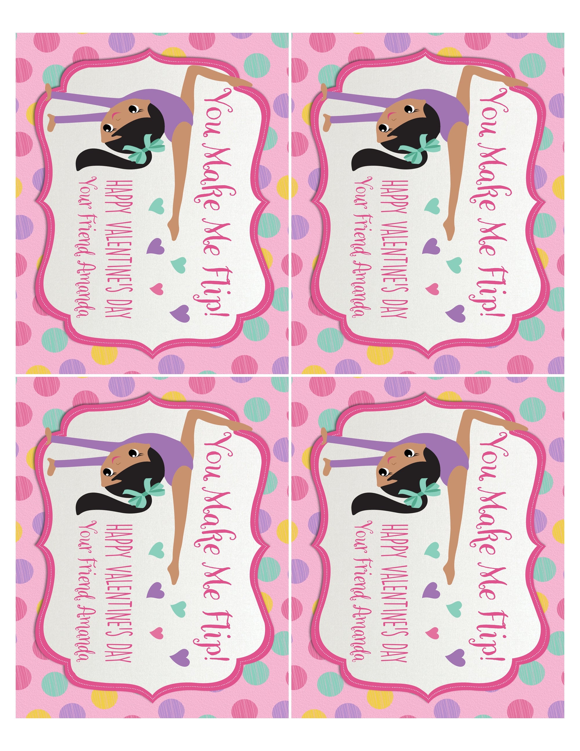 Cute gymnast gymnastics dance digital printable valentine's day cards for girls school classroom.