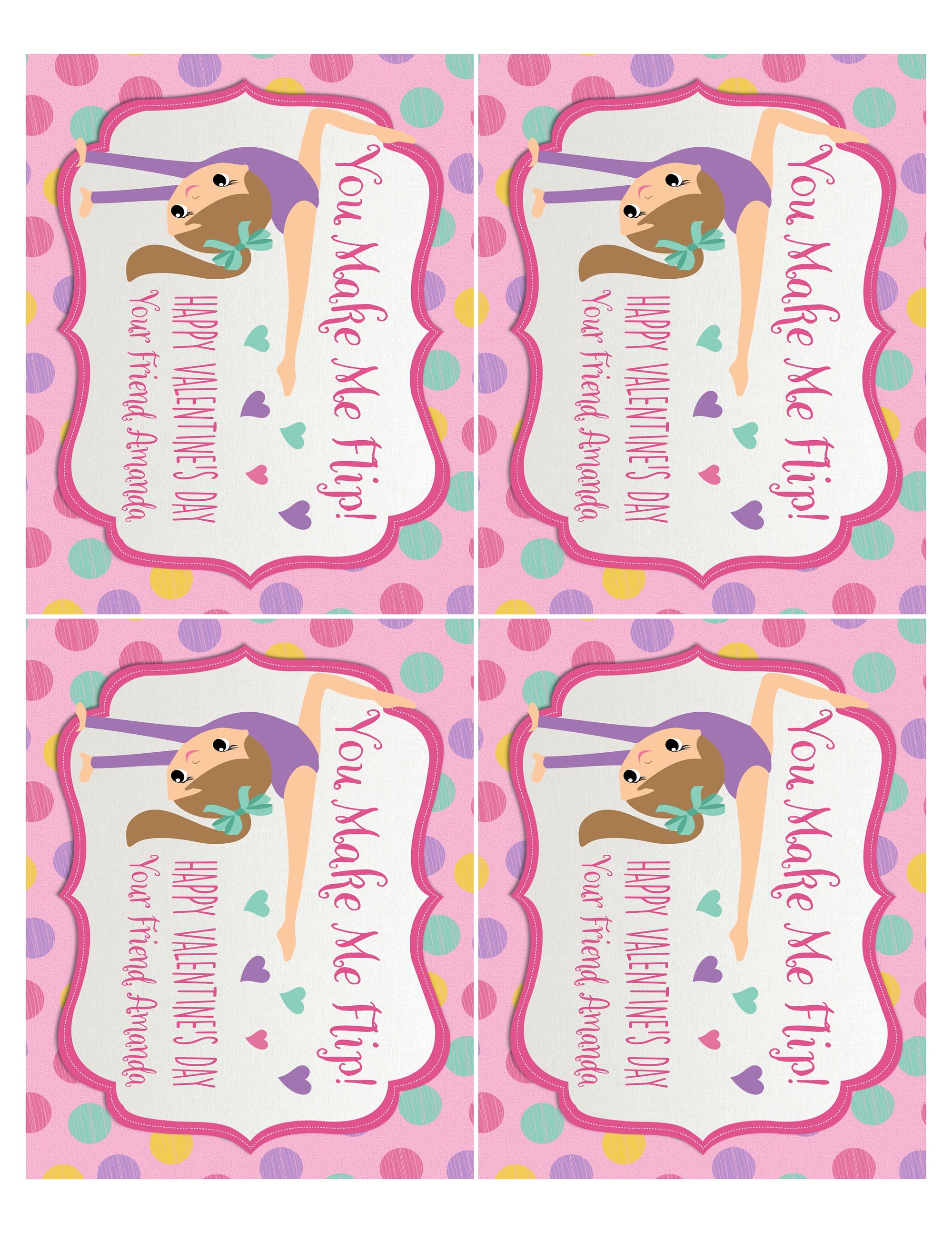 Cute gymnast gymnastics dance digital printable valentine's day cards for girls school classroom.