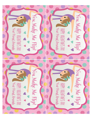 Cute gymnast gymnastics dance digital printable valentine's day cards for girls school classroom.