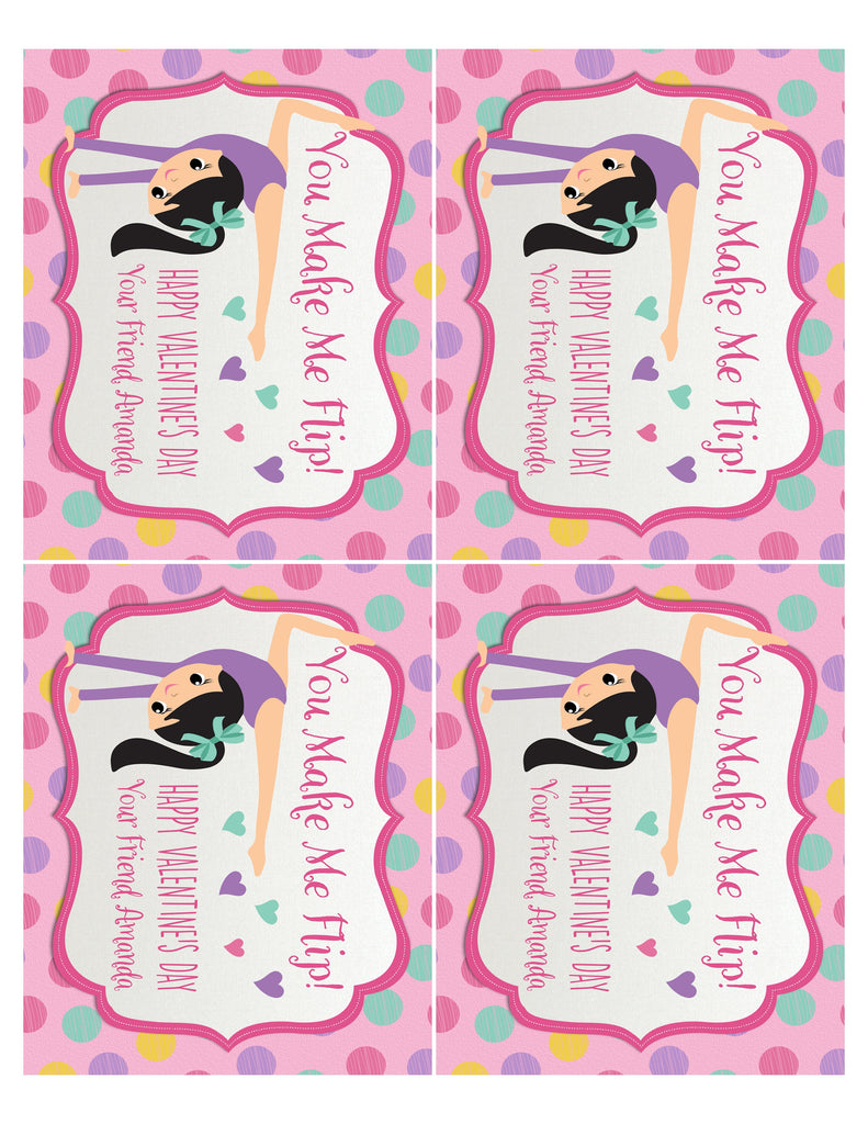 Cute gymnast gymnastics dance digital printable valentine's day cards for girls school classroom.