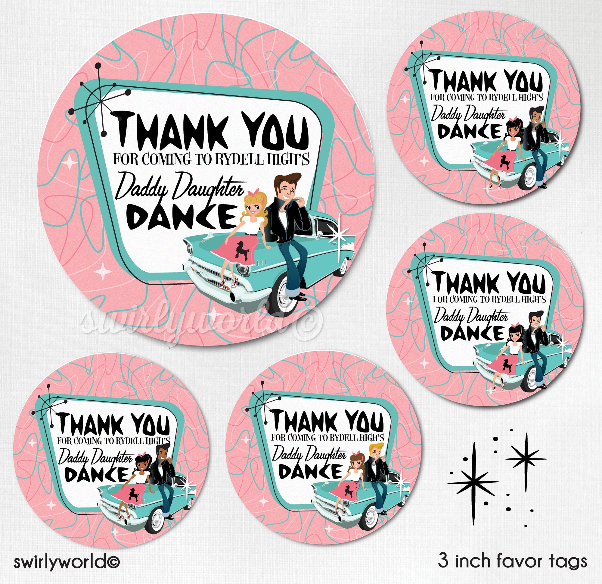 Hey Daddy-O! Check out these fabulous 1950s-inspired retro digital sticker favor tags that are perfect for your Daddy Daughter Dance. Featuring mid-century modern atomic starbursts and boomerang shapes with iconic pink and aqua blue colors, this Pink Ladies Grease party theme tag design will transport you and your guests back to the era of classic cars, sock hops, soda fountains and old time rock 'n' roll!