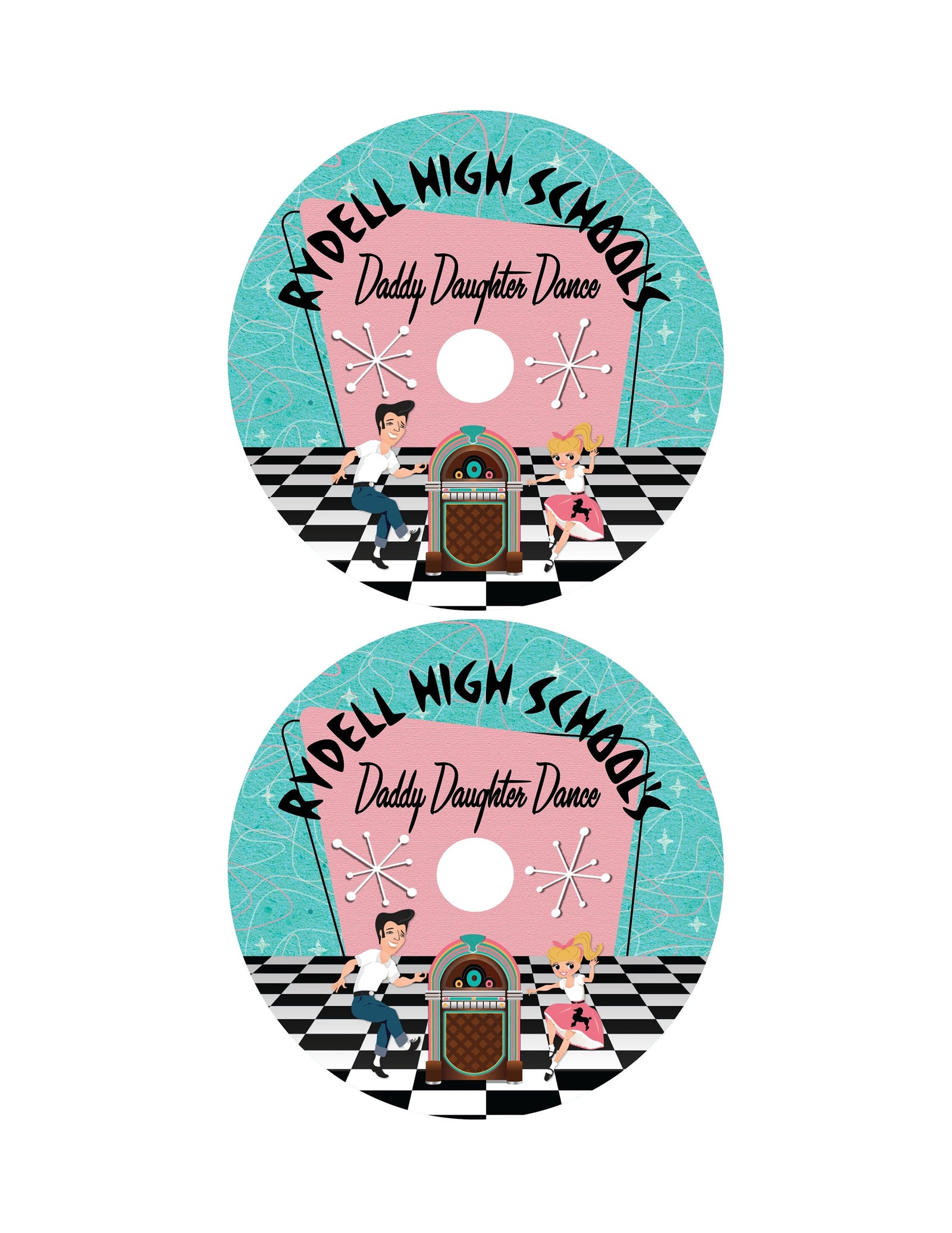 Shake, Rattle, and Roll in style at your next Father Daughter dance with these 1950s-inspired retro digital vinyl record labels. Featuring mid-century modern atomic starbursts and boomerang shapes with iconic pink and aqua blue colors, this Pink Ladies Grease party theme design will transport you and your guests back to the era of swing dancing, jukeboxes, and record hops spinning old time rock 'n' roll!