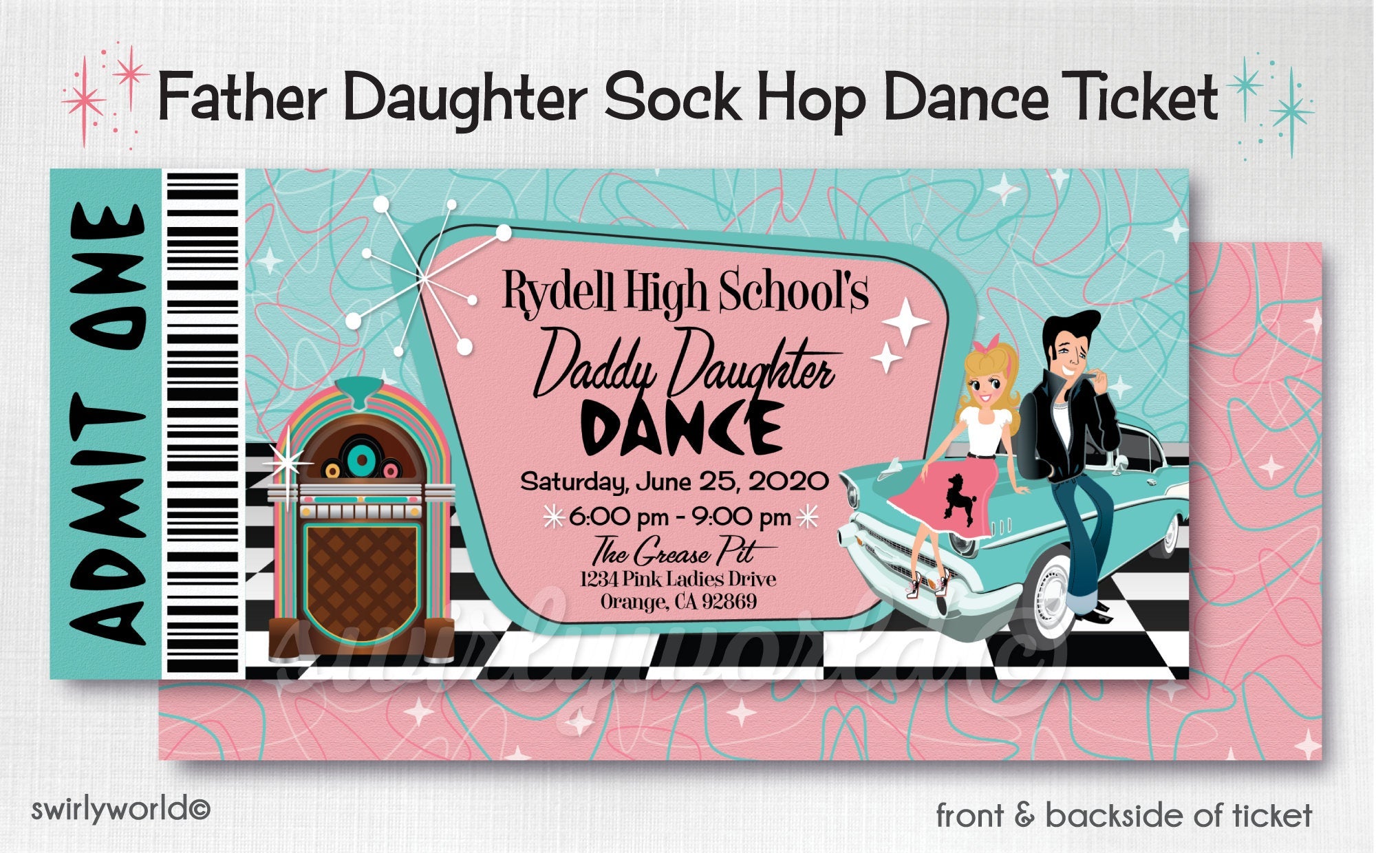 Digital 1950s Pink Ladies Grease Theme Father Daughter Sock Hop Dance Ticket