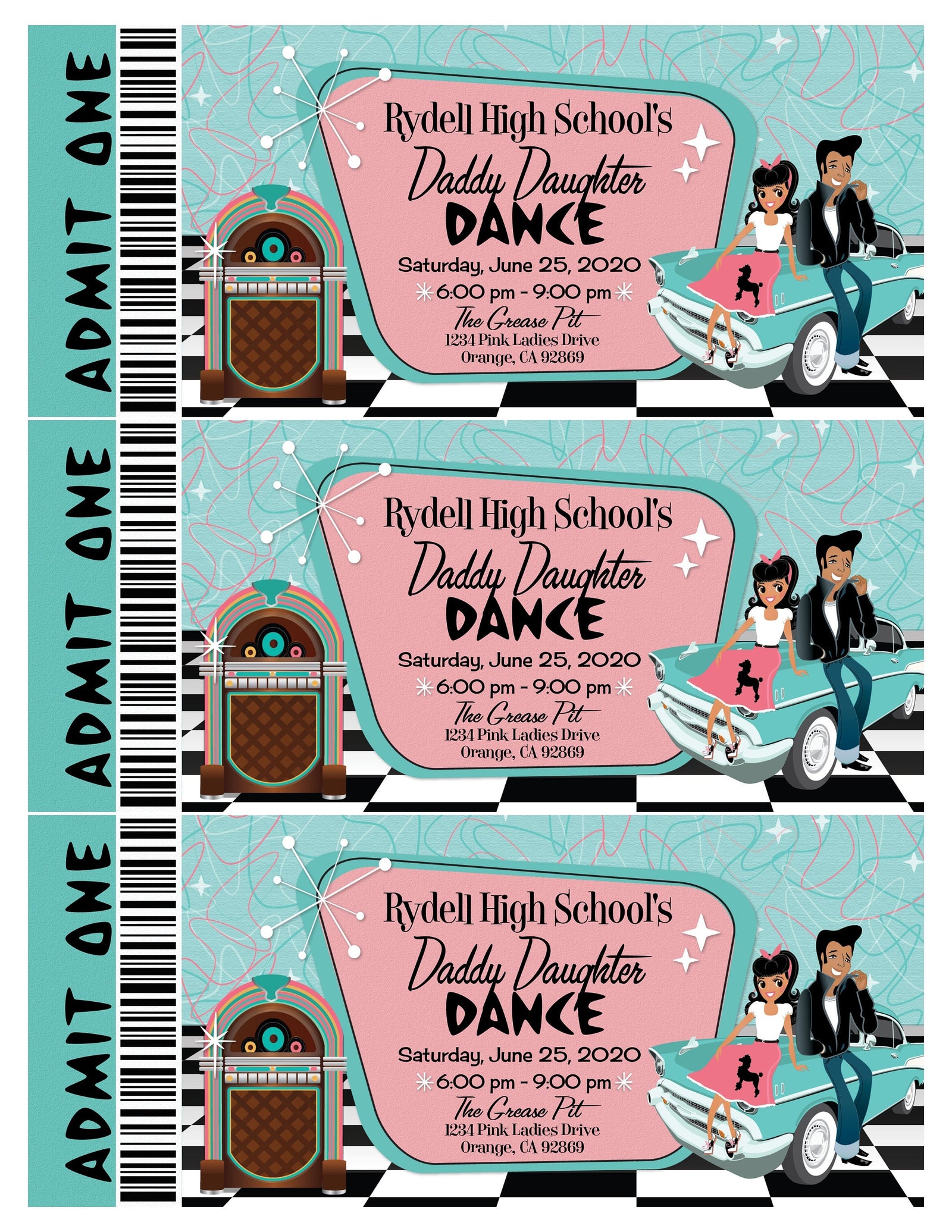 Digital 1950s Pink Ladies Grease Theme Father Daughter Sock Hop Dance Ticket