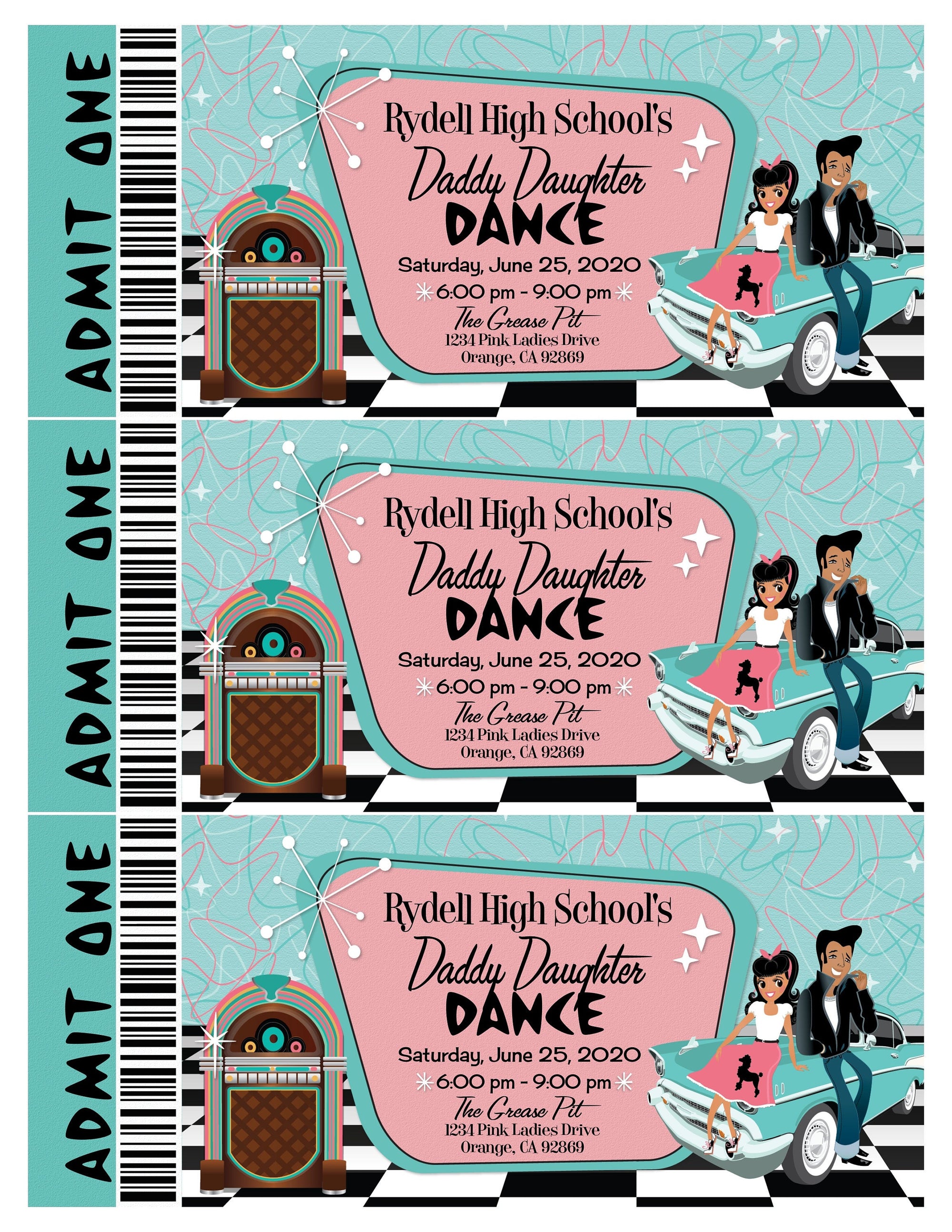 Digital 1950s Pink Ladies Grease Theme Father Daughter Sock Hop Dance Ticket