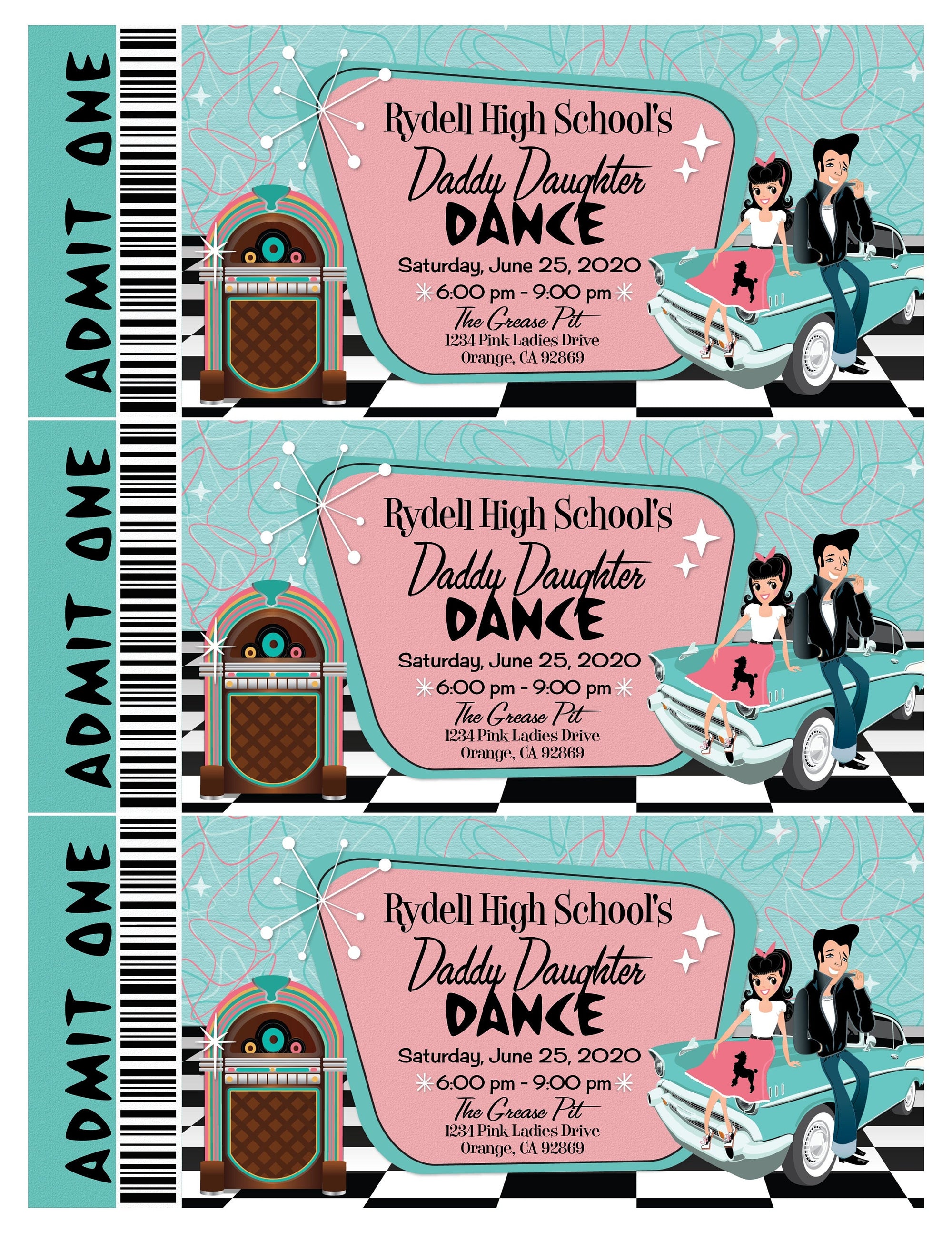 Digital 1950s Pink Ladies Grease Theme Father Daughter Sock Hop Dance Ticket