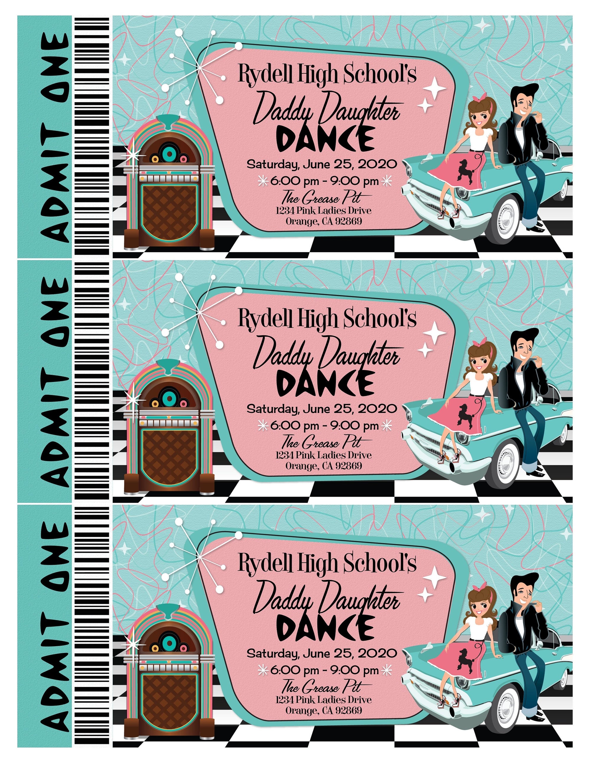 Digital 1950s Pink Ladies Grease Theme Father Daughter Sock Hop Dance Ticket