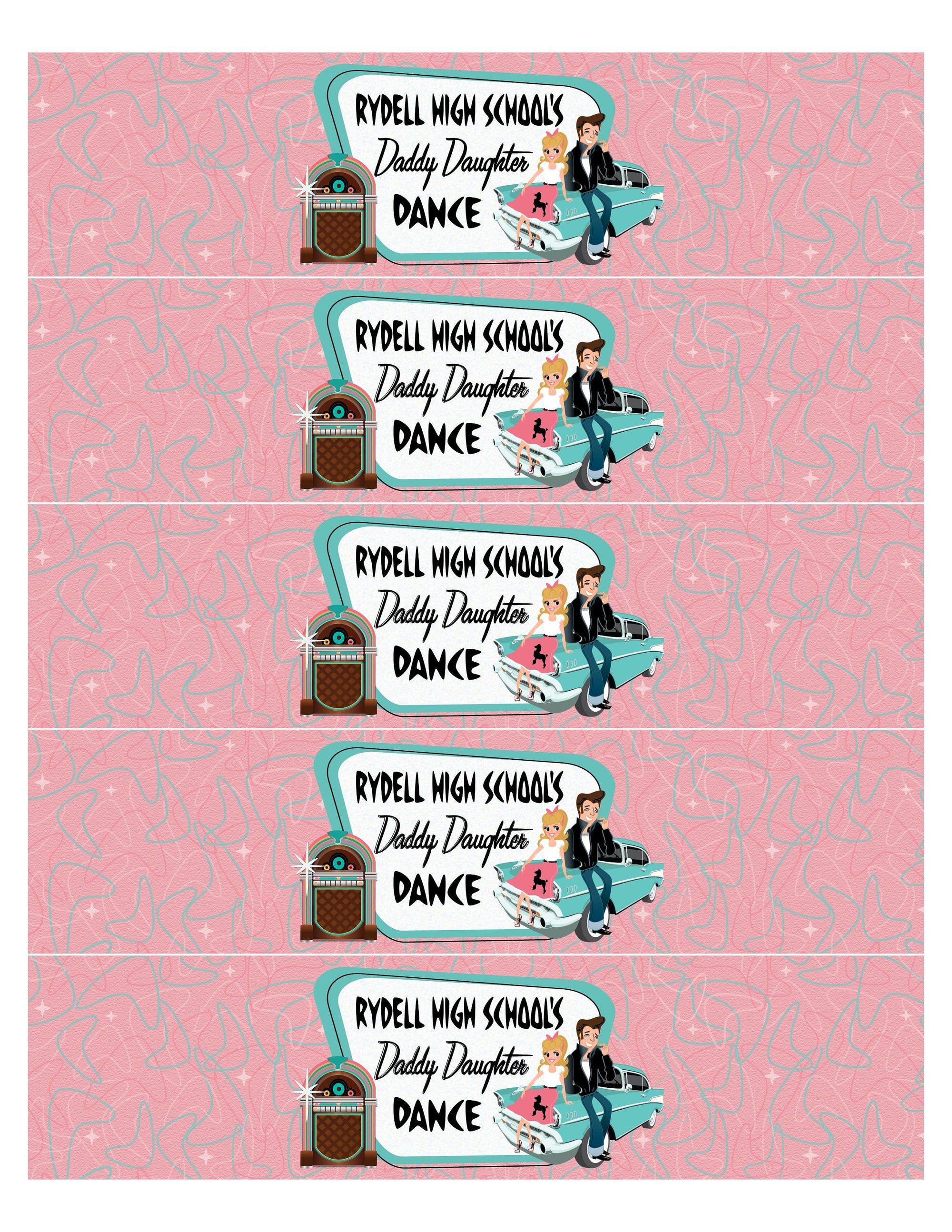 1950s Retro Sock Hop Jukebox Pink Ladies Father Daughter Dance Party Water Labels