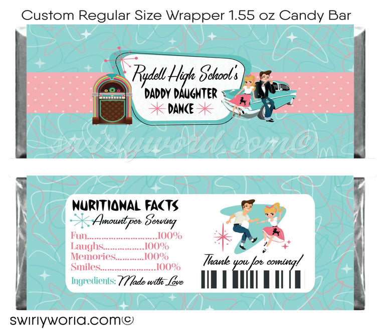 Digital 1950s Father Daughter Retro Pink Ladies Grease Sock Hop Candy Bar Labels