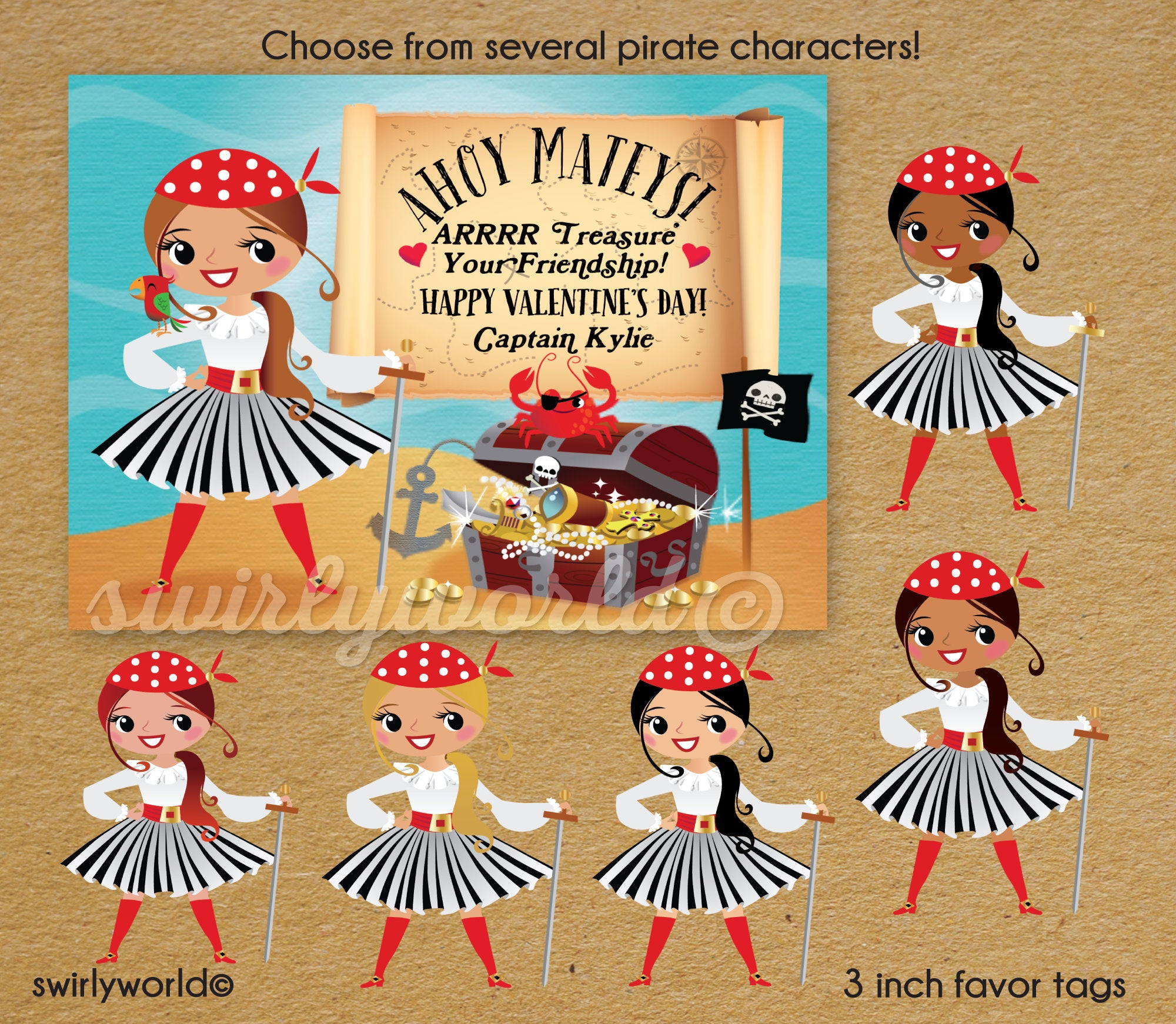 Cute Retro Pirate Captain Valentine's Day Cards for Girls Digital Download