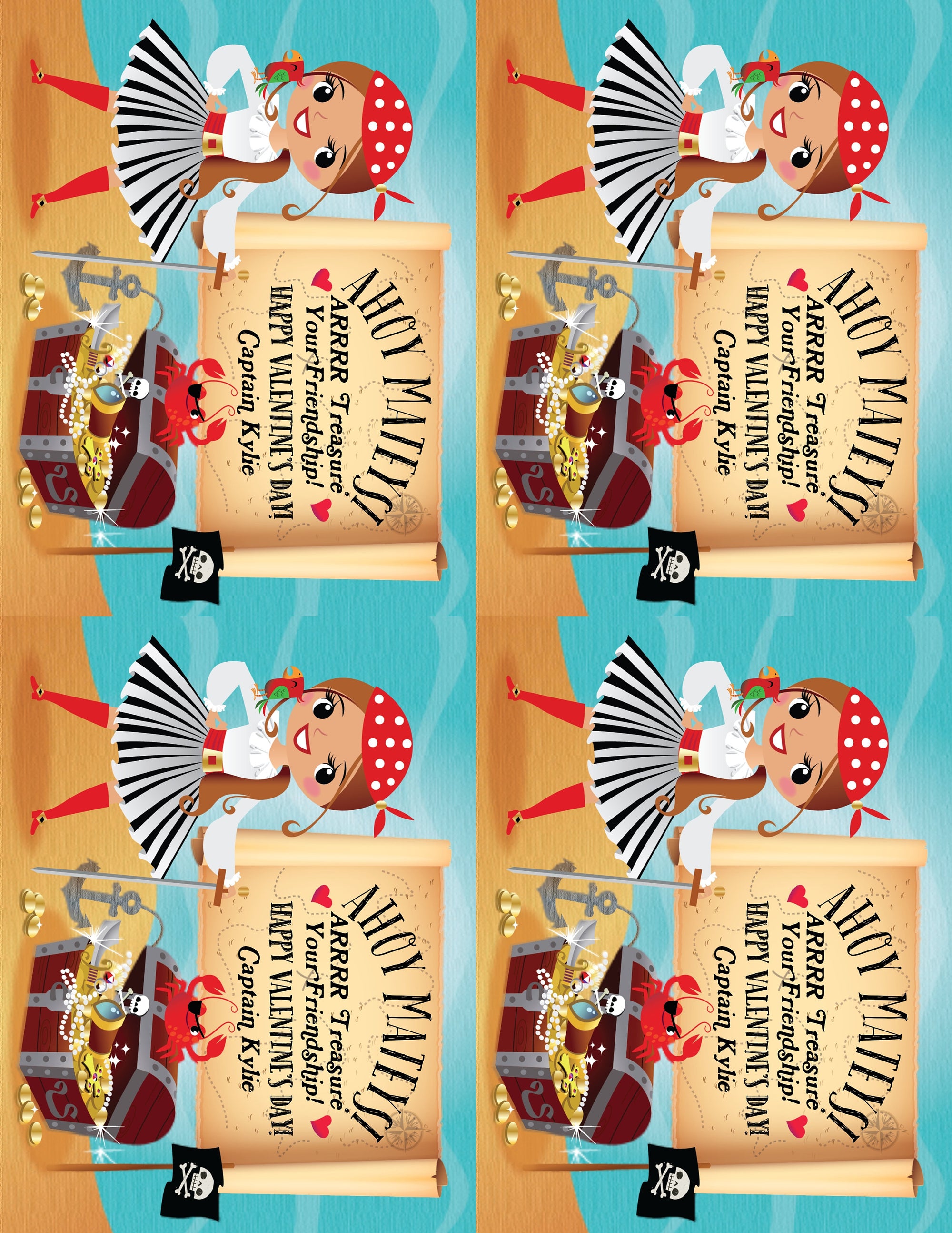 Cute Retro Pirate Captain Valentine's Day Cards for Girls Digital Download