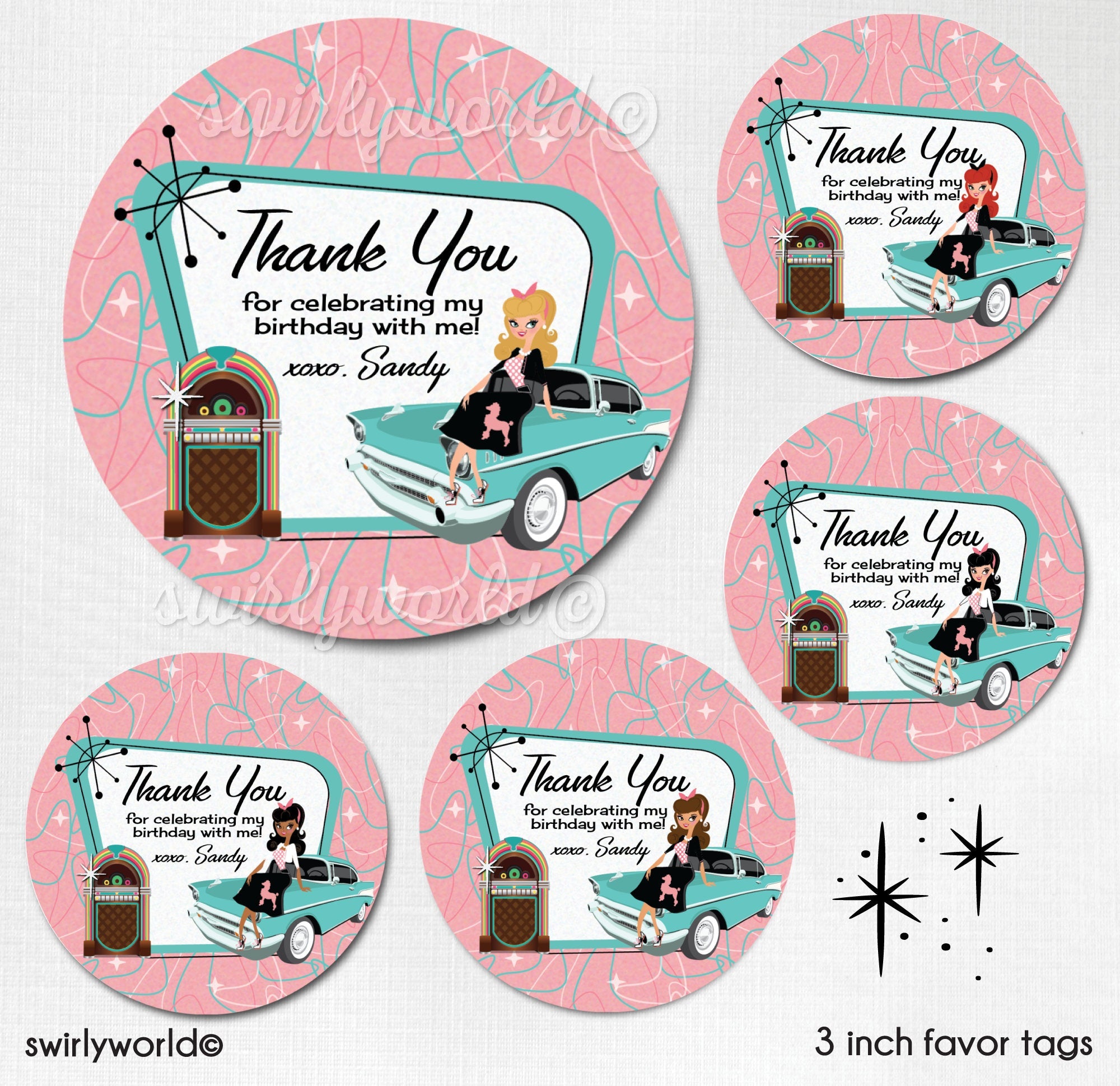 Digital 1950&#39;s Grease Pink Ladies Retro Sock Hop Poodle Skirt Fifties Party Bundle Pack. Retro Rockabilly Pink and Aqua Blue 1950&#39;s Party!