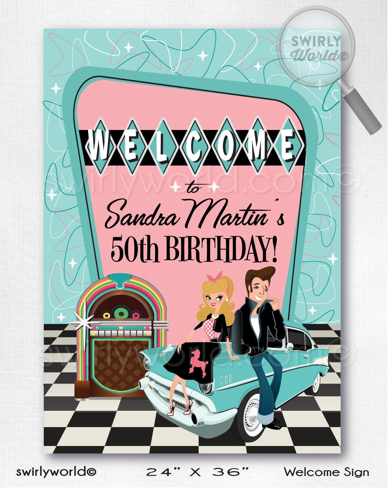 Digital 1950&#39;s Grease Pink Ladies Retro Sock Hop Poodle Skirt Fifties Party Bundle Pack. Retro Rockabilly Pink and Aqua Blue 1950&#39;s Party!