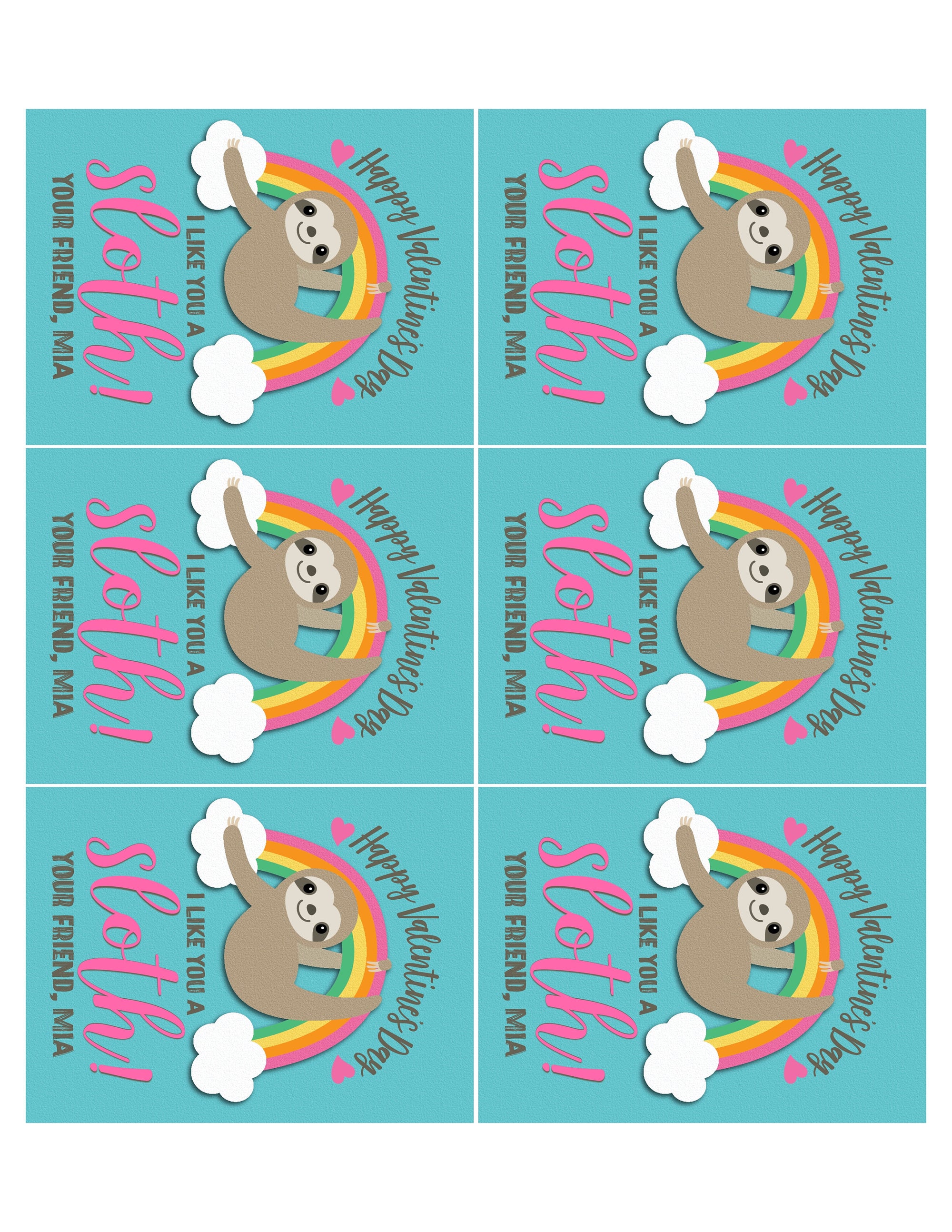 Cute Rainbow "I like you a Sloth" Digital Printable Valentine's Day Cards for Girls