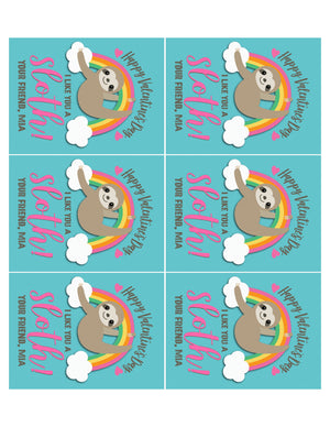 Cute Rainbow "I like you a Sloth" Digital Printable Valentine's Day Cards for Girls