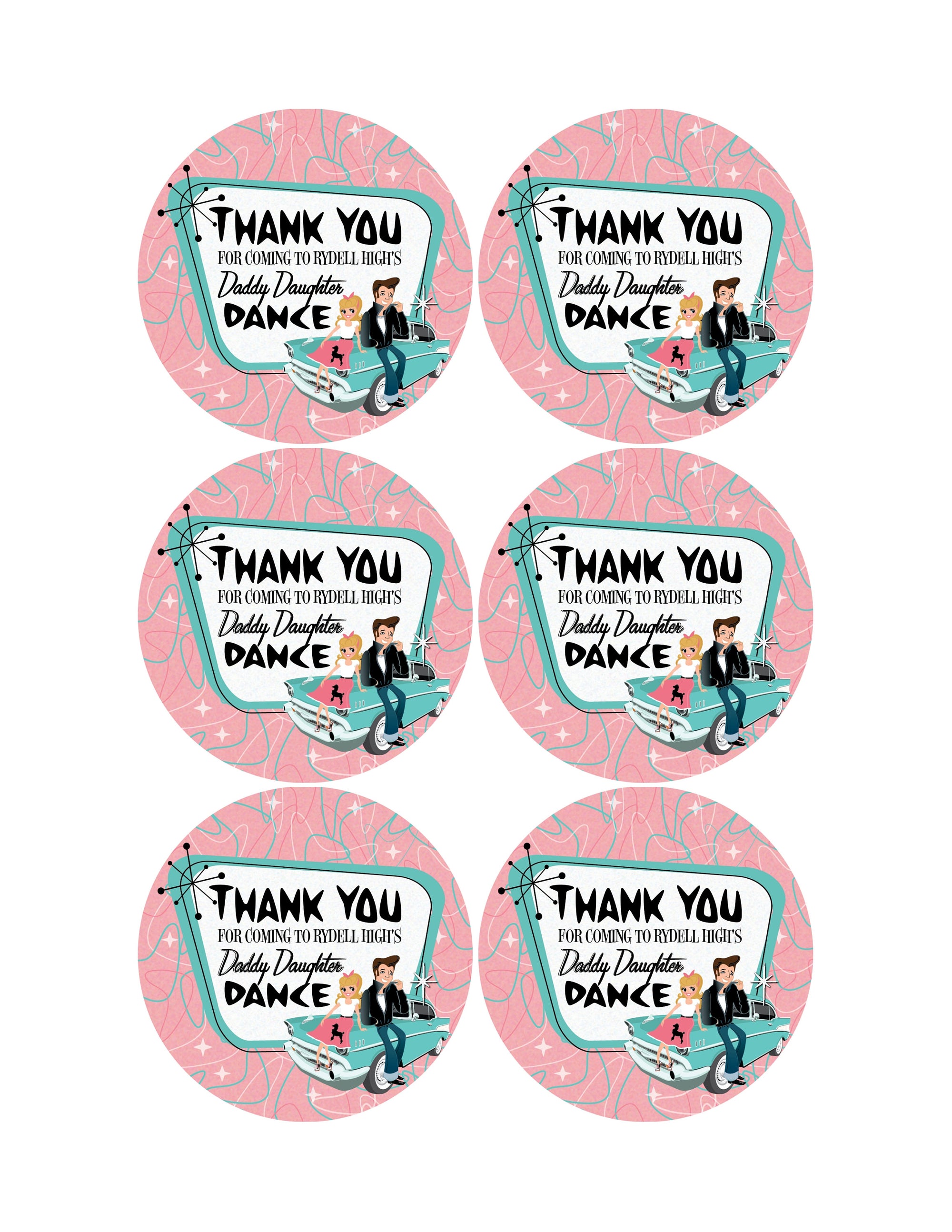 Hey Daddy-O! Check out these fabulous 1950s-inspired retro digital sticker favor tags that are perfect for your Daddy Daughter Dance. Featuring mid-century modern atomic starbursts and boomerang shapes with iconic pink and aqua blue colors, this Pink Ladies Grease party theme tag design will transport you and your guests back to the era of classic cars, sock hops, soda fountains and old time rock 'n' roll!