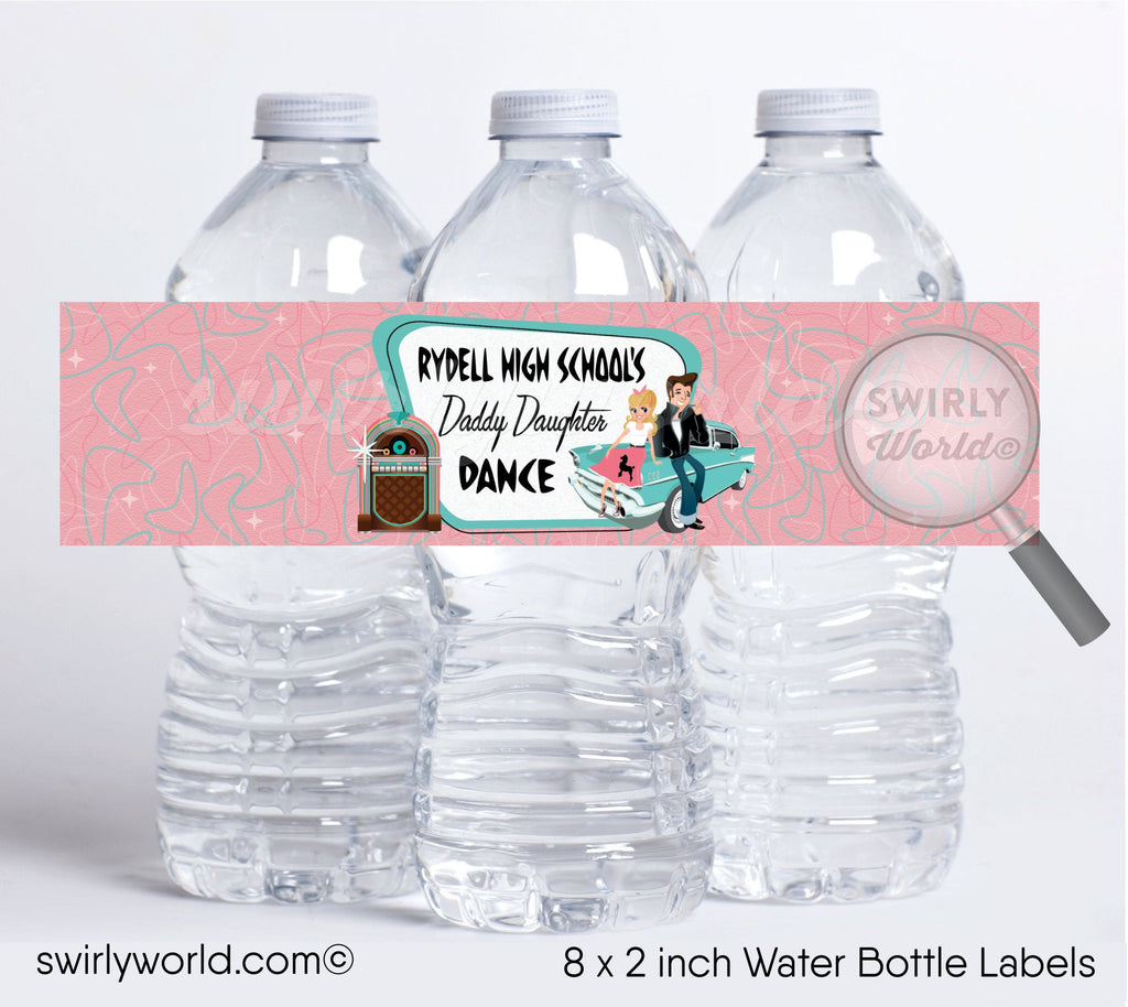 Bring a cool retro vibe to your Father Daughter dance with these 1950s-inspired water bottle labels. Featuring mid-century modern atomic boomerang shapes and iconic pink and aqua blue colors, this Pink Ladies Grease party theme will transport you and your guests back to the era of sock hops and that old time rock 'n' roll!
