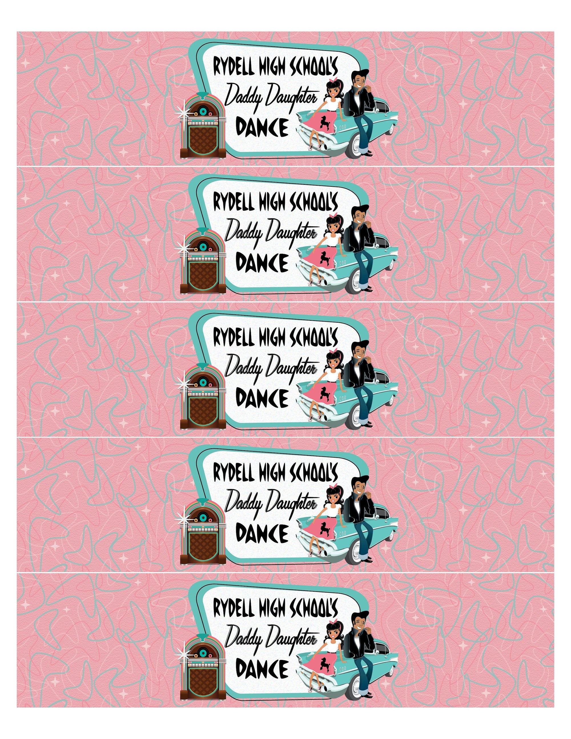 Bring a cool retro vibe to your Father Daughter dance with these 1950s-inspired water bottle labels. Featuring mid-century modern atomic boomerang shapes and iconic pink and aqua blue colors, this Pink Ladies Grease party theme will transport you and your guests back to the era of sock hops and that old time rock 'n' roll!