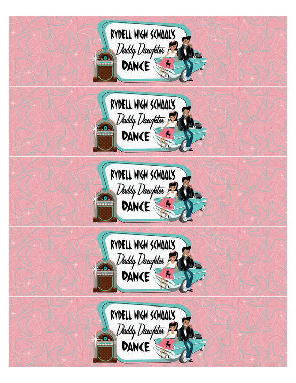 Bring a cool retro vibe to your Father Daughter dance with these 1950s-inspired water bottle labels. Featuring mid-century modern atomic boomerang shapes and iconic pink and aqua blue colors, this Pink Ladies Grease party theme will transport you and your guests back to the era of sock hops and that old time rock 'n' roll!