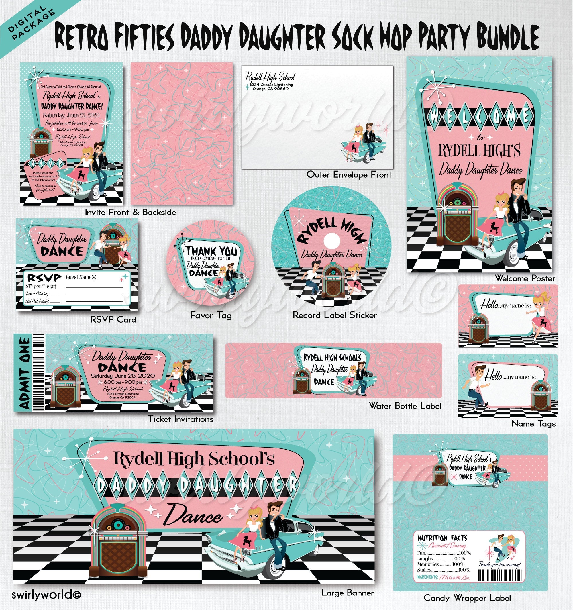 Digital 1950s Father Daughter Retro Pink Ladies Grease Sock Hop Candy ...