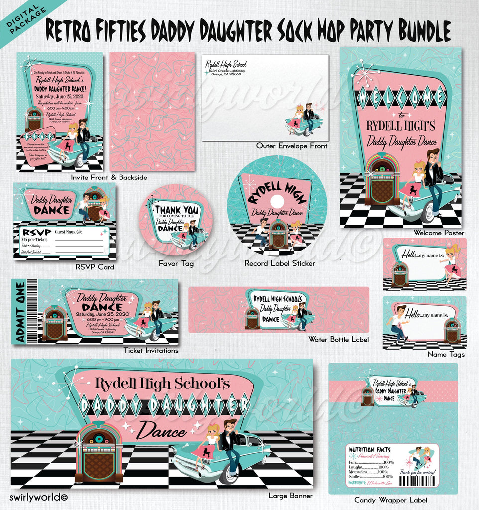 Digital 1950s Father Daughter Retro Pink Ladies Grease Sock Hop Candy Bar Labels