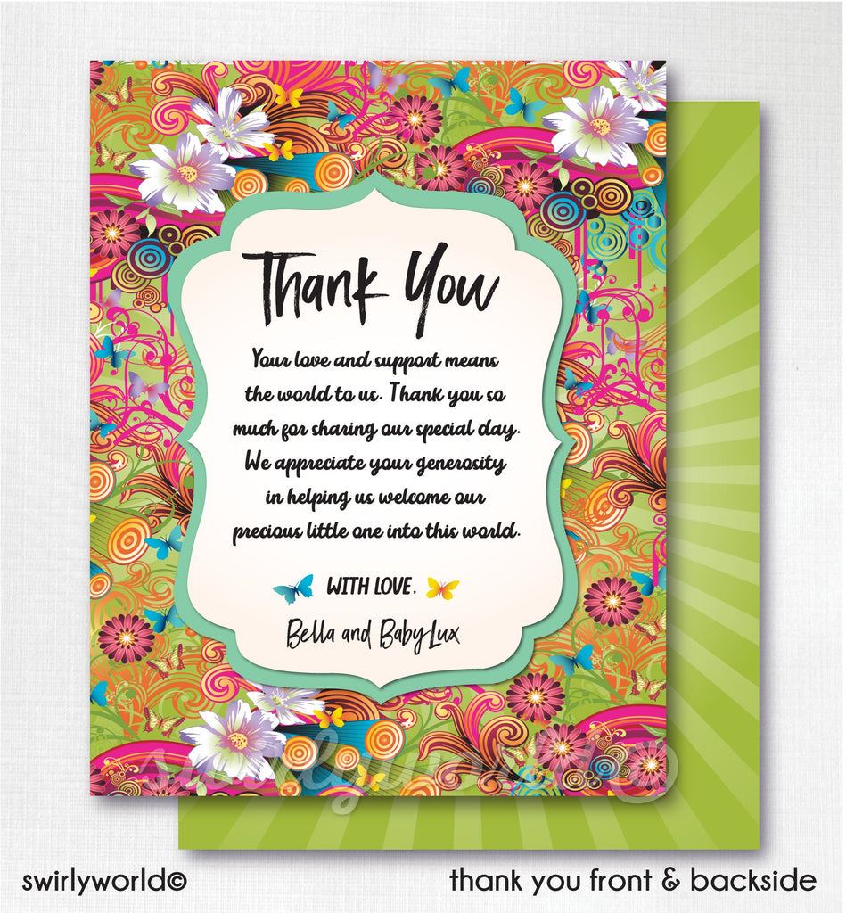 Gender Neutral Groovy Psychedelic Hippie Chic Bohemian Baby Shower Invitation and Thank You Card Digital Download Bundle