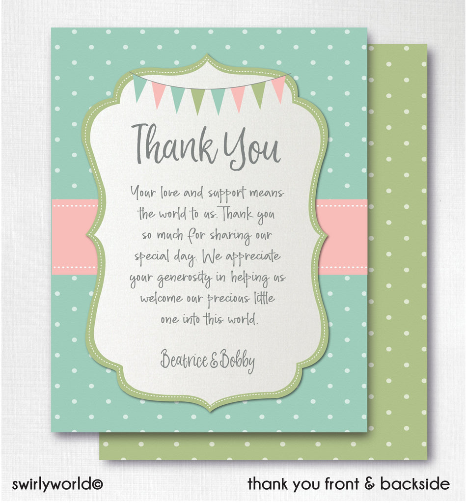 Vintage Carousel Pink and Mint Green Girl Baby Shower Invitation and Thank You Card Digital Download Bundle