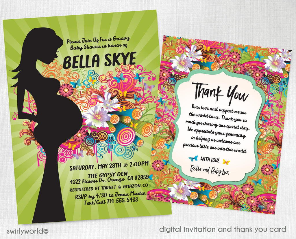 Gender Neutral Groovy Psychedelic Hippie Chic Bohemian Baby Shower Invitation and Thank You Card Digital Download Bundle