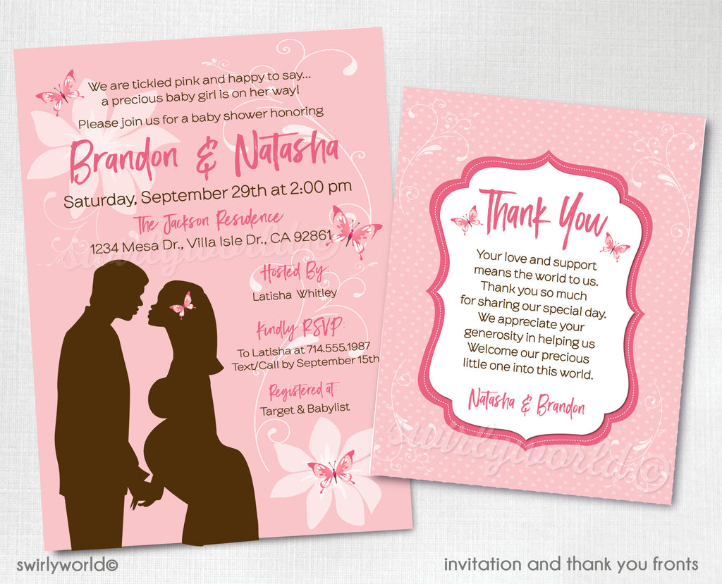 Pink It's a Girl Butterfly Butterflies Couples Baby Shower Invitation and Thank You Card Digital Download Bundle