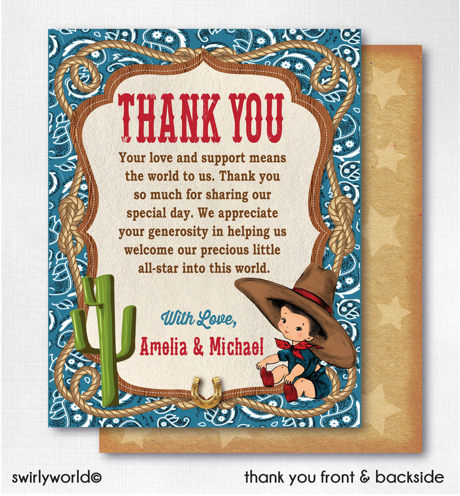 Vintage Retro Cowboy Western Baby Shower Invite &Thank You Card Digital Download Bundle