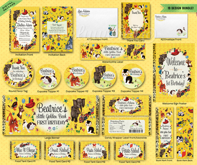 Digital Little Golden Book 1st Birthday Design Bundle. Little Golden Book Invites, Thank You, Banner, Water Labels, Bookmarks, Favors, etc.