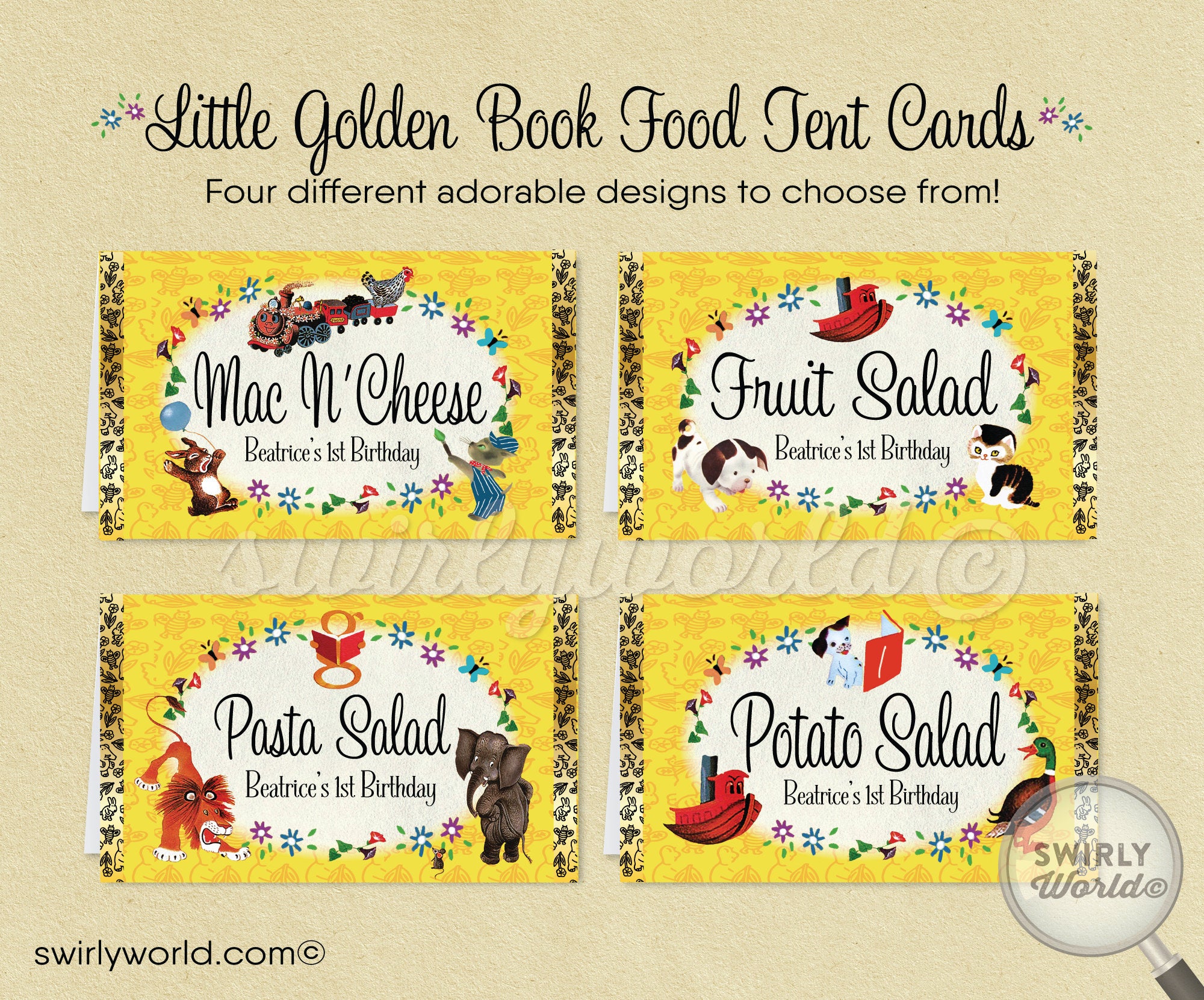 Digital Little Golden Book 1st Birthday Design Bundle. Little Golden Book Invites, Thank You, Banner, Water Labels, Bookmarks, Favors, etc.
