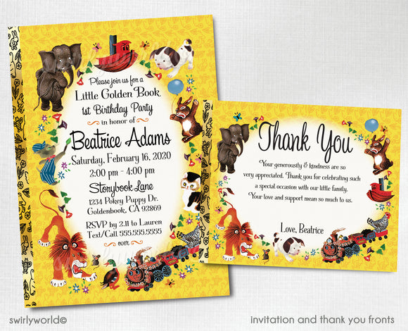 Digital Little Golden Book 1st Birthday Design Bundle. Little Golden Book Invites, Thank You, Banner, Water Labels, Bookmarks, Favors, etc.