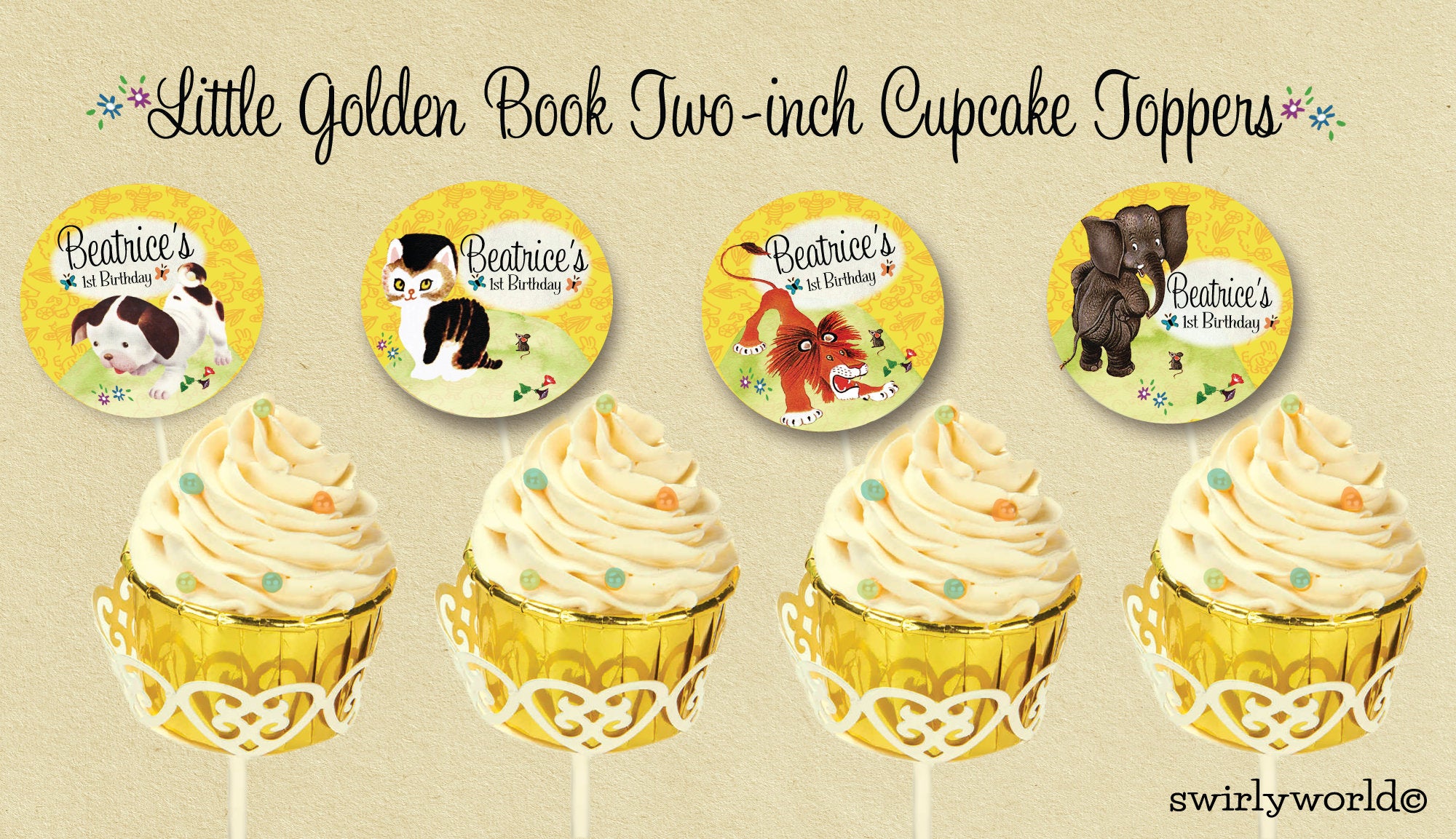 Digital Little Golden Book 1st Birthday Design Bundle. Little Golden Book Invites, Thank You, Banner, Water Labels, Bookmarks, Favors, etc.