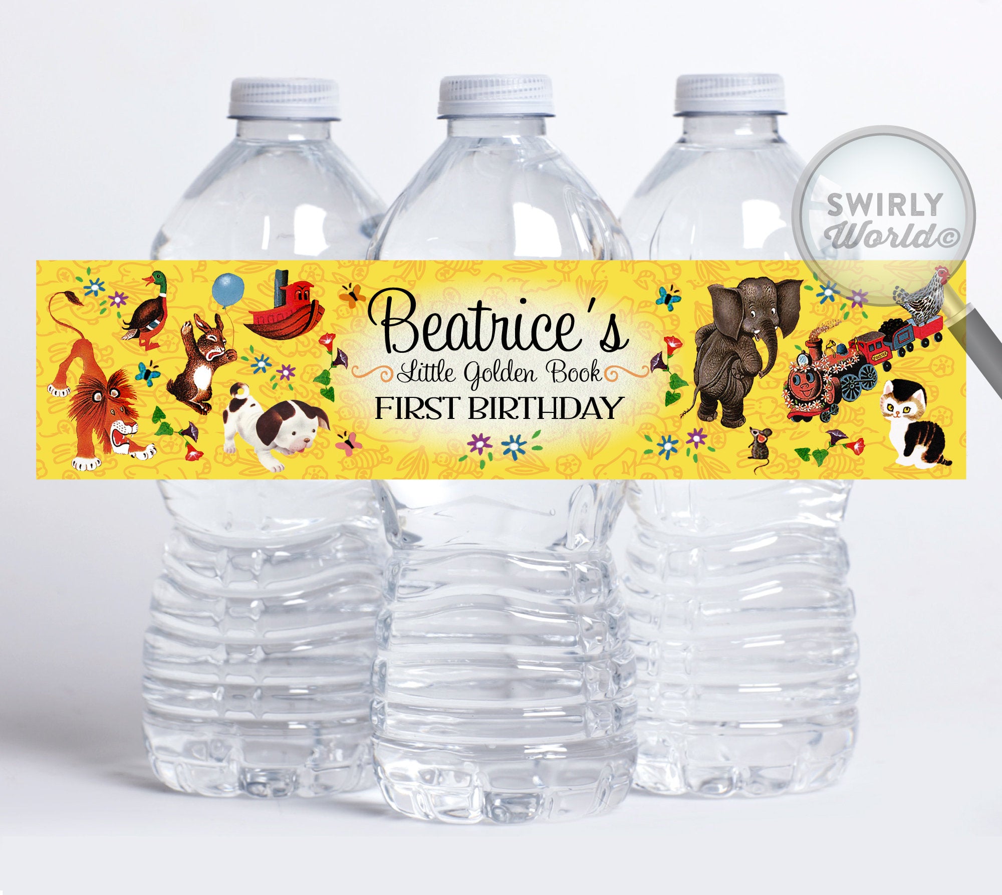 Digital Little Golden Book 1st Birthday Design Bundle. Little Golden Book Invites, Thank You, Banner, Water Labels, Bookmarks, Favors, etc.