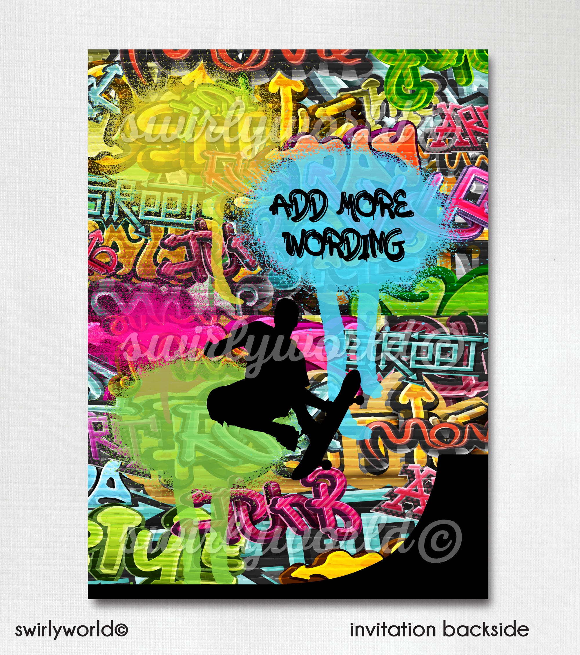 Skate Boarding Skater Graffiti Birthday. Old School graffiti wall Invitations. Skate board birthday party for boys. Graffiti theme party.