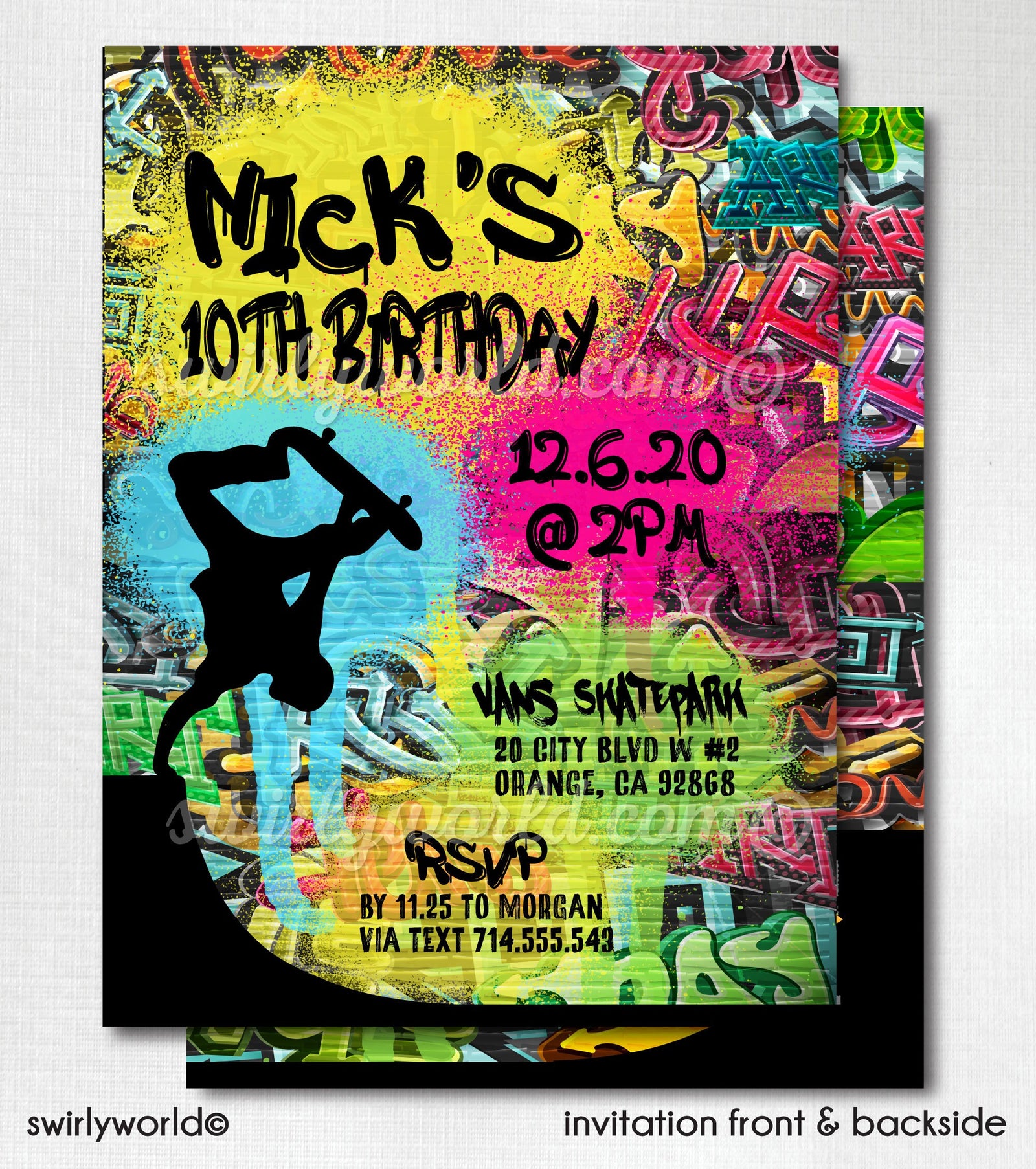 Skate Boarding Skater Graffiti Birthday. Old School graffiti wall Invitations. Skate board birthday party for boys. Graffiti theme party.