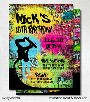 Skate Boarding Skater Graffiti Birthday. Old School graffiti wall Invitations. Skate board birthday party for boys. Graffiti theme party.