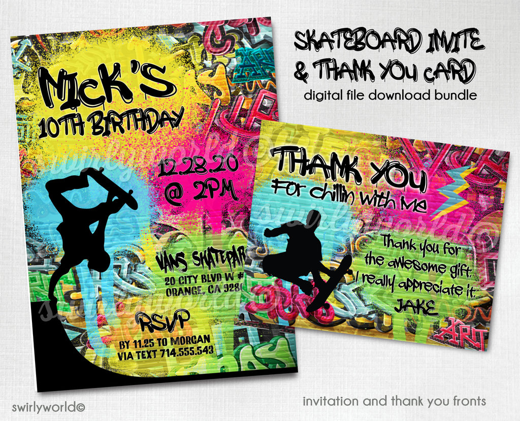 Skate Boarding Skater Graffiti Birthday. Old School graffiti wall Invitations. Skate board birthday party for boys. Graffiti theme party.