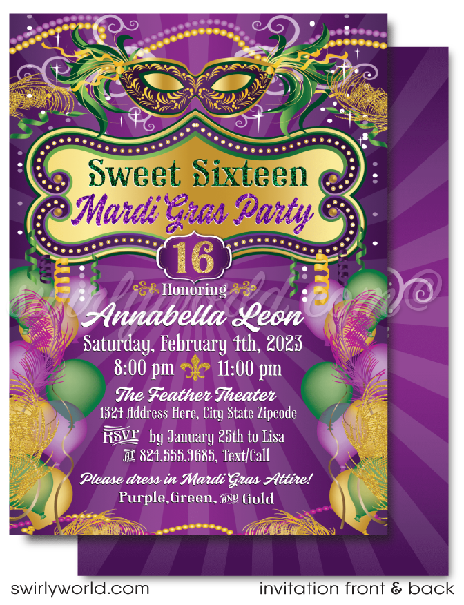 Gorgeous purple, green, and gold Mardi Gras Sweet Sixteen 16 masquerade beads New Orleans party celebration; digital invitation, thank you, & envelope design.