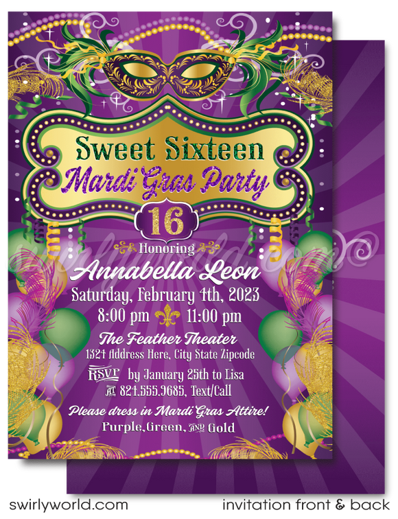 Gorgeous purple, green, and gold Mardi Gras Sweet Sixteen 16 masquerade beads New Orleans party celebration; digital invitation, thank you, & envelope design.