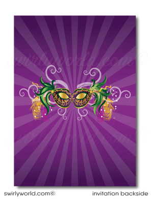 Celebrate a vibrant Sweet 16 with our New Orleans Mardi Gras Masquerade Birthday Party Printed Invitation set! 🎭✨ Featuring purple, green, and gold beads, this set includes digital invitations, thank you cards, and coordinating envelopes. Perfect for a festive and unforgettable celebration! 