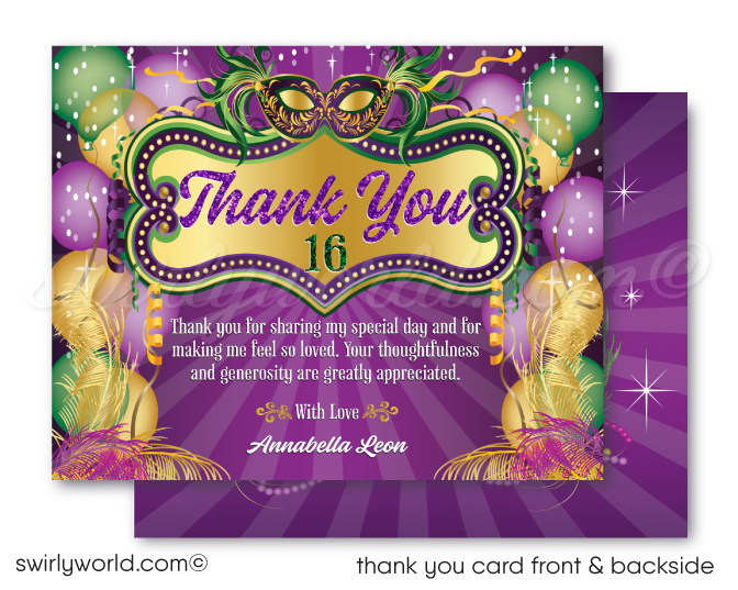 Gorgeous purple, green, and gold Mardi Gras Sweet Sixteen 16 masquerade beads New Orleans party celebration; digital invitation, thank you, & envelope design.