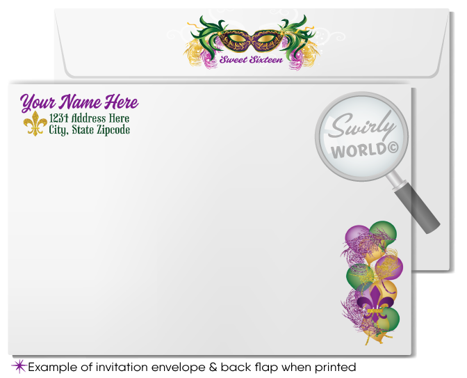 Gorgeous purple, green, and gold Mardi Gras Sweet Sixteen 16 masquerade beads New Orleans party celebration; digital invitation, thank you, & envelope design.