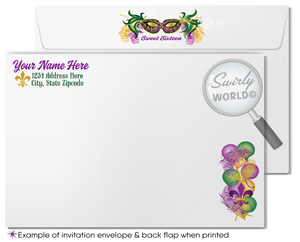 Gorgeous purple, green, and gold Mardi Gras Sweet Sixteen 16 masquerade beads New Orleans party celebration; digital invitation, thank you, & envelope design.