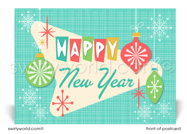 Celebrate with Retro Mid-Century Modern Postcards! Featuring 1950s-1960s starbursts, festive snowflakes, and customizable backs in classic MCM colors for New Year’s joy.
