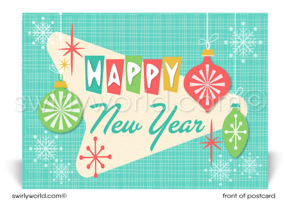 Celebrate with Retro Mid-Century Modern Postcards! Featuring 1950s-1960s starbursts, festive snowflakes, and customizable backs in classic MCM colors for New Year’s joy.