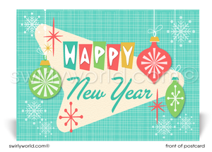 Celebrate with Retro Mid-Century Modern Postcards! Featuring 1950s-1960s starbursts, festive snowflakes, and customizable backs in classic MCM colors for New Year’s joy.