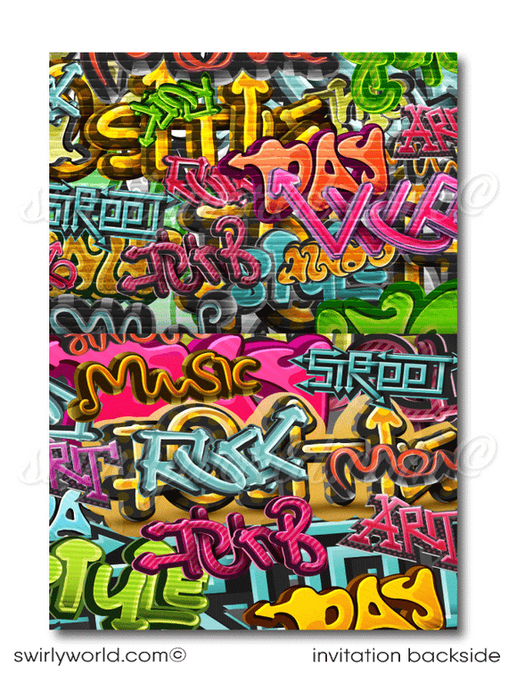 Old School 80s-90s hip-hop break-dancer rap graffiti spray paint ghetto blaster birthday party invitation and thank you cards for instant digital download.